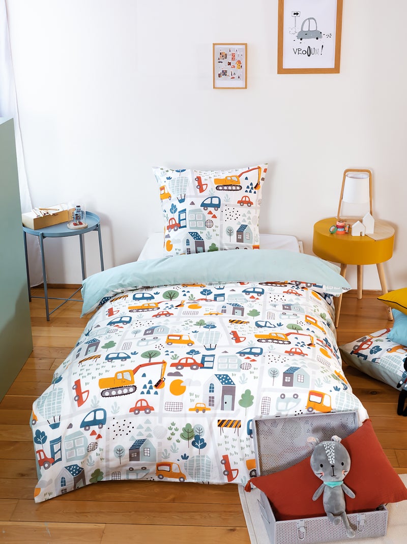 Dekbedset met stadsprint - 1-persoonsbed BLAUW - Kiabi