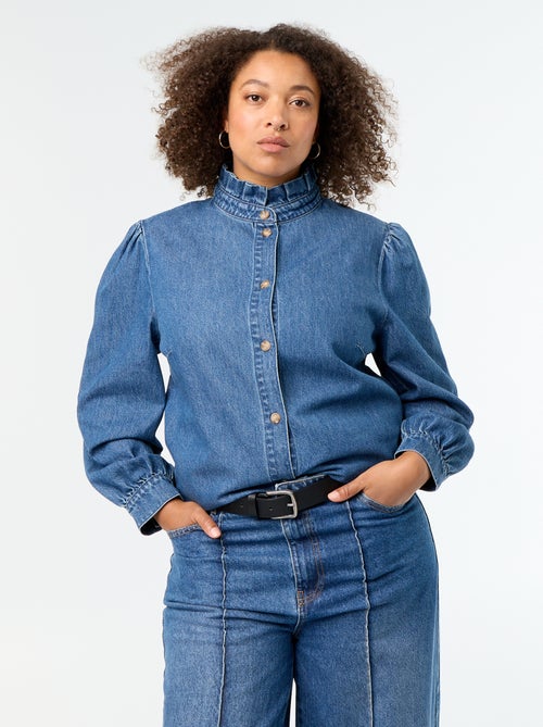 Denim blouse met opstaande kraag met ruches - Kiabi