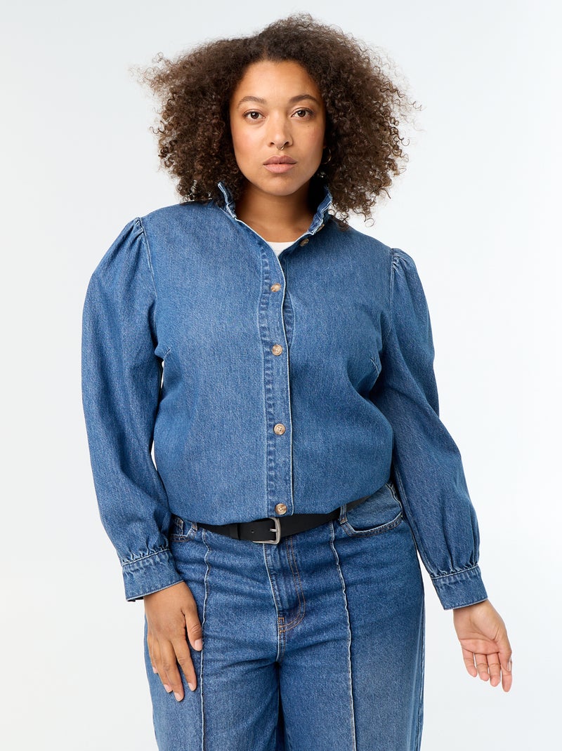 Denim blouse met opstaande kraag met ruches Blauw - Kiabi