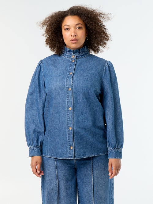 Denim blouse met opstaande kraag met ruches - Kiabi