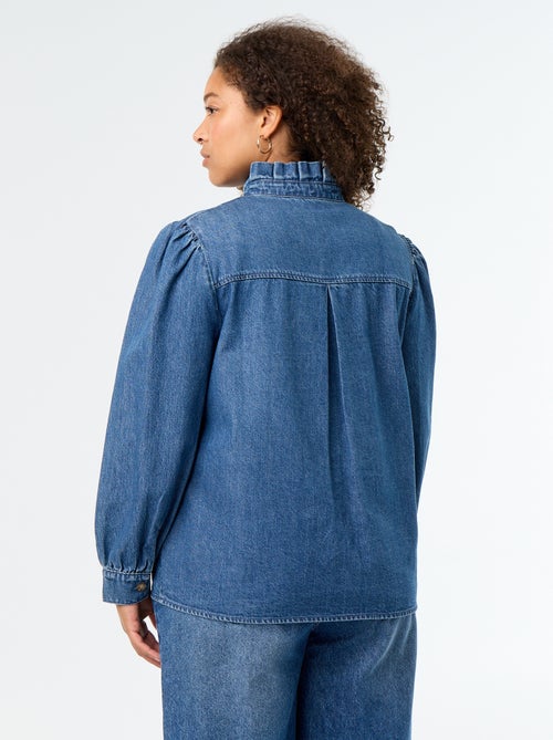 Denim blouse met opstaande kraag met ruches - Kiabi