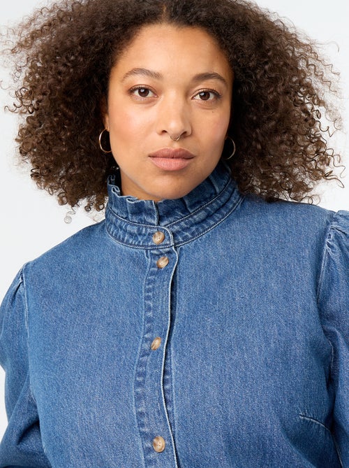 Denim blouse met opstaande kraag met ruches - Kiabi