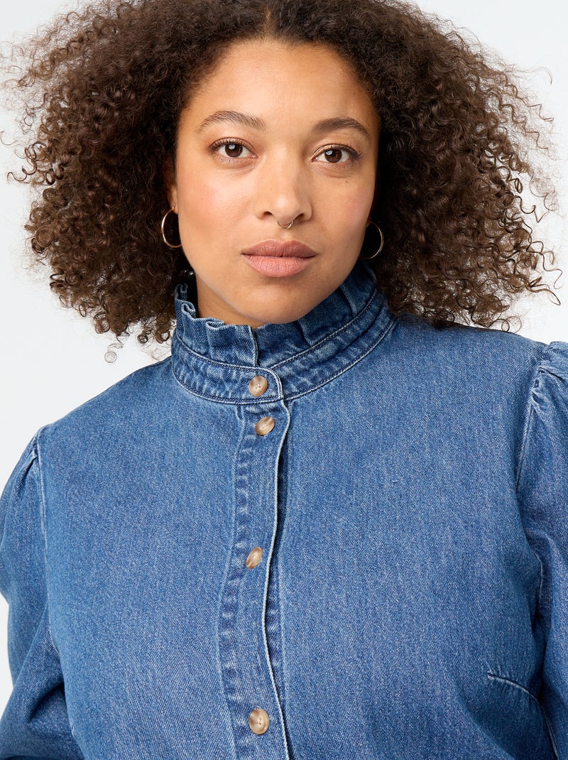 Denim blouse met opstaande kraag met ruches Blauw - Kiabi