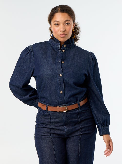 Denim blouse met opstaande kraag met ruches - Kiabi