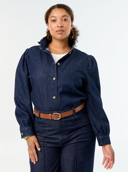 Denim blouse met opstaande kraag met ruches - Kiabi