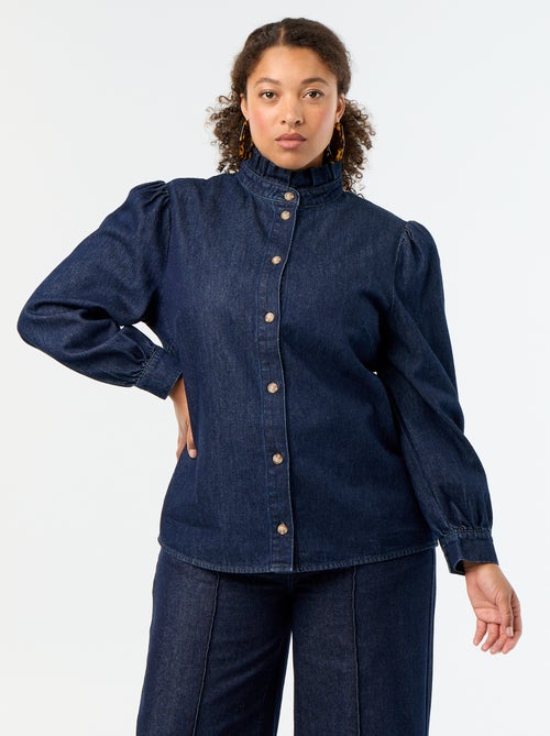 Denim blouse met opstaande kraag met ruches - Kiabi