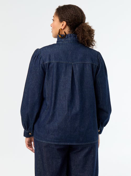 Denim blouse met opstaande kraag met ruches - Kiabi