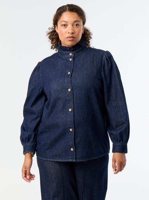 Denim blouse met opstaande kraag met ruches - Kiabi