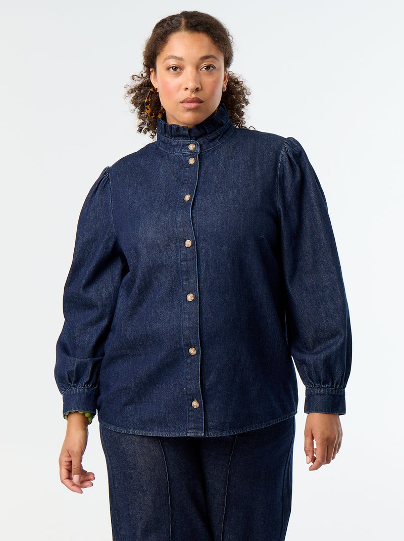 Denim blouse met opstaande kraag met ruches Blauw - Kiabi