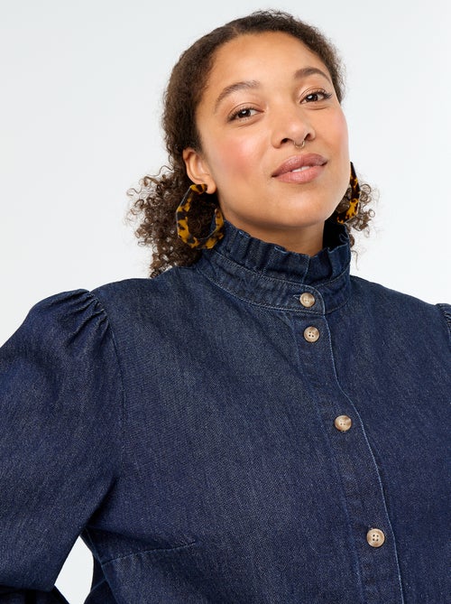 Denim blouse met opstaande kraag met ruches - Kiabi