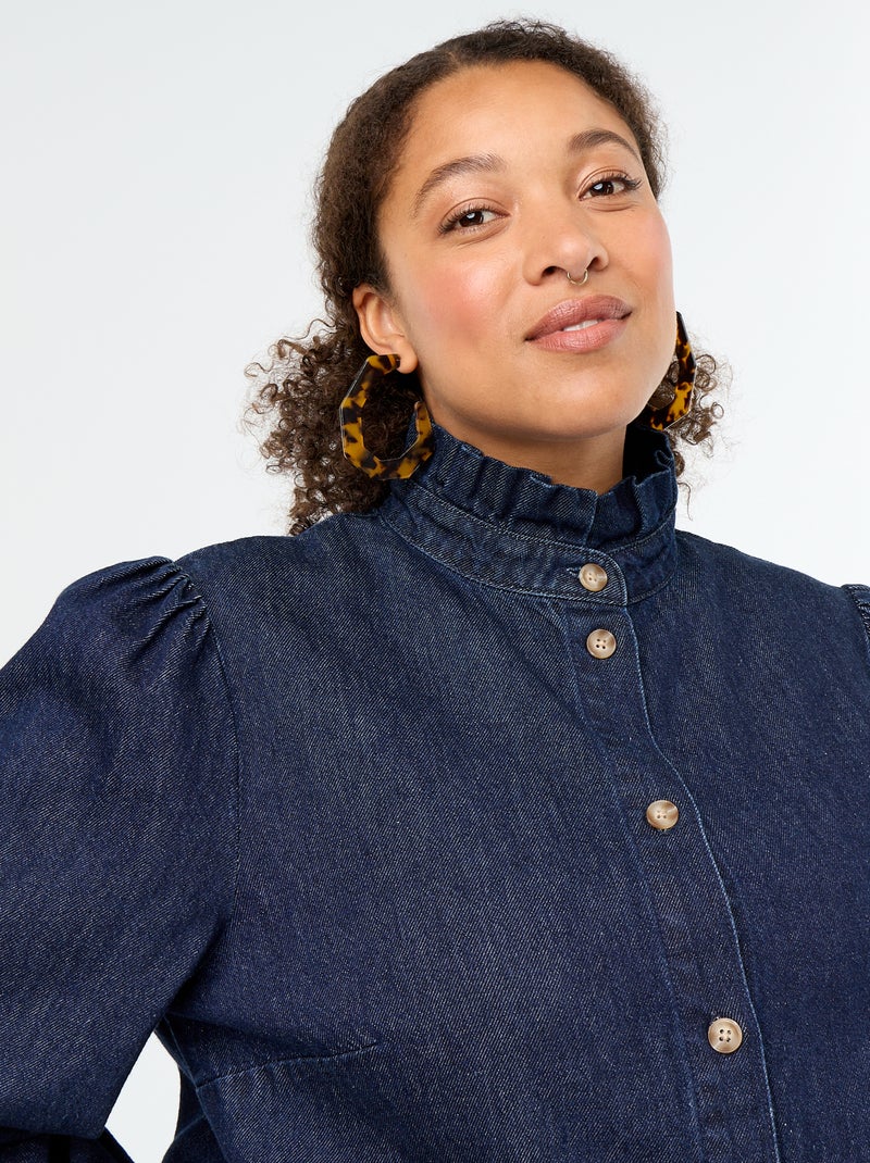 Denim blouse met opstaande kraag met ruches Blauw - Kiabi