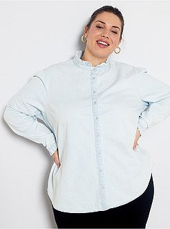 Denim blouse met ruches op de hals - Kiabi