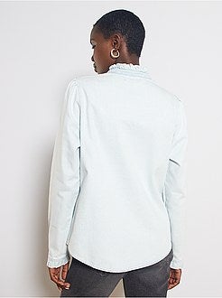Denim blouse met ruches op de hals - Kiabi