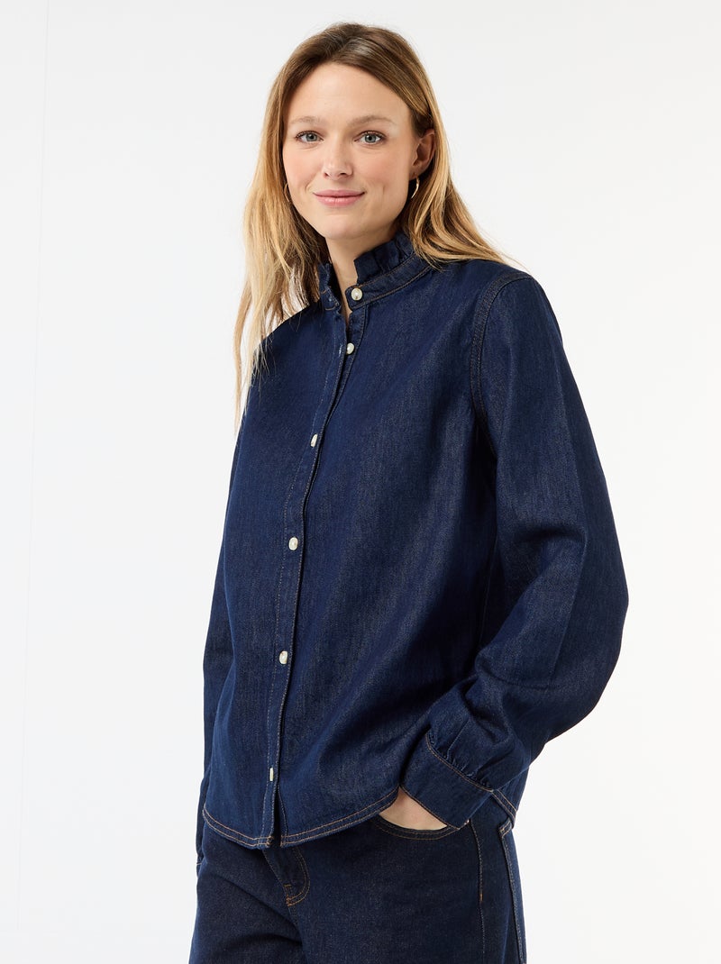 Denim blouse met volantkraag Blauw - Kiabi