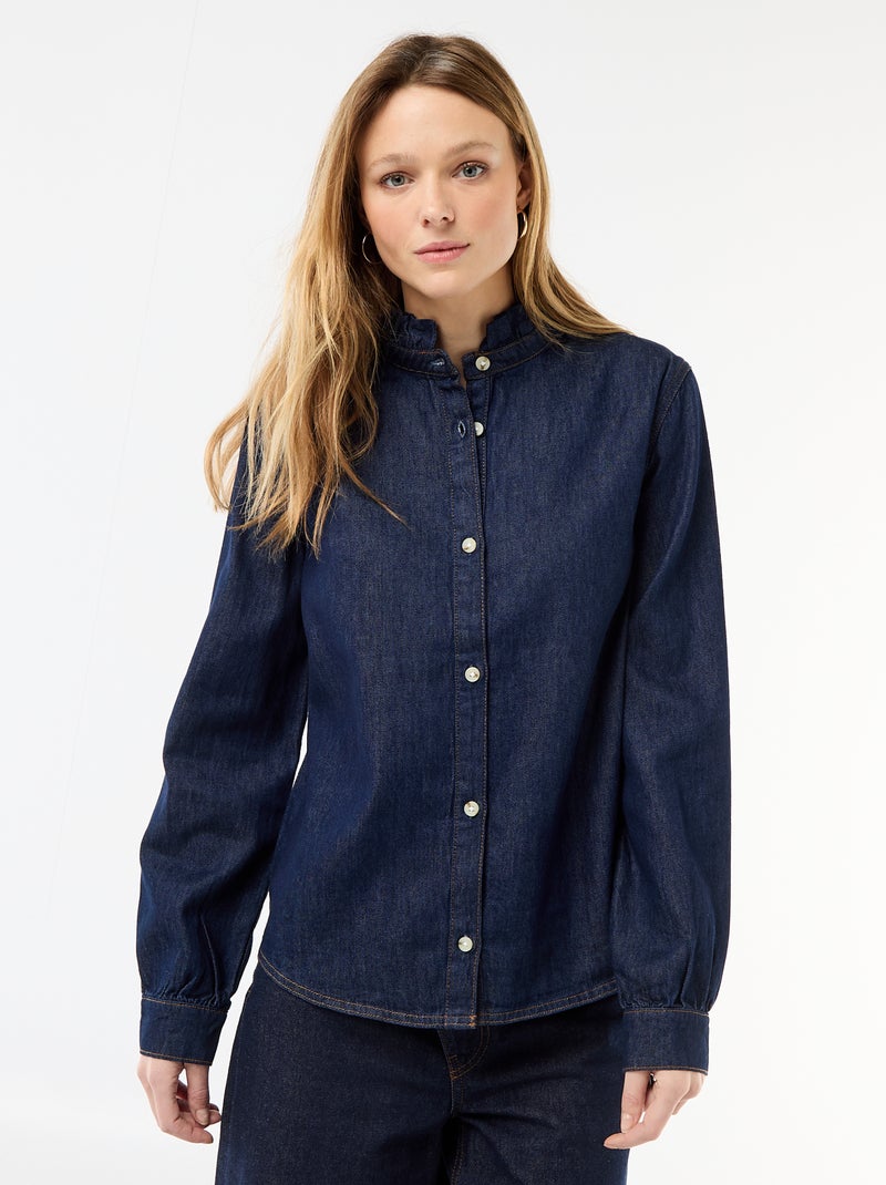 Denim blouse met volantkraag Blauw - Kiabi