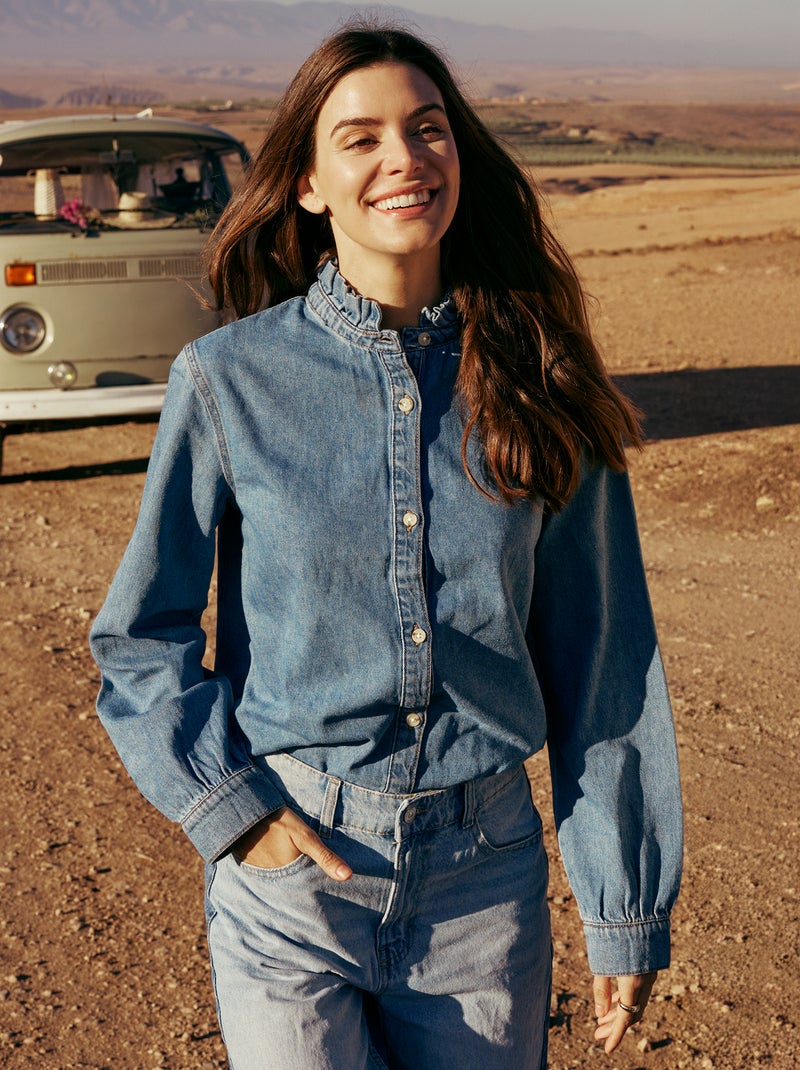 Denim blouse met volantkraag Blauw - Kiabi