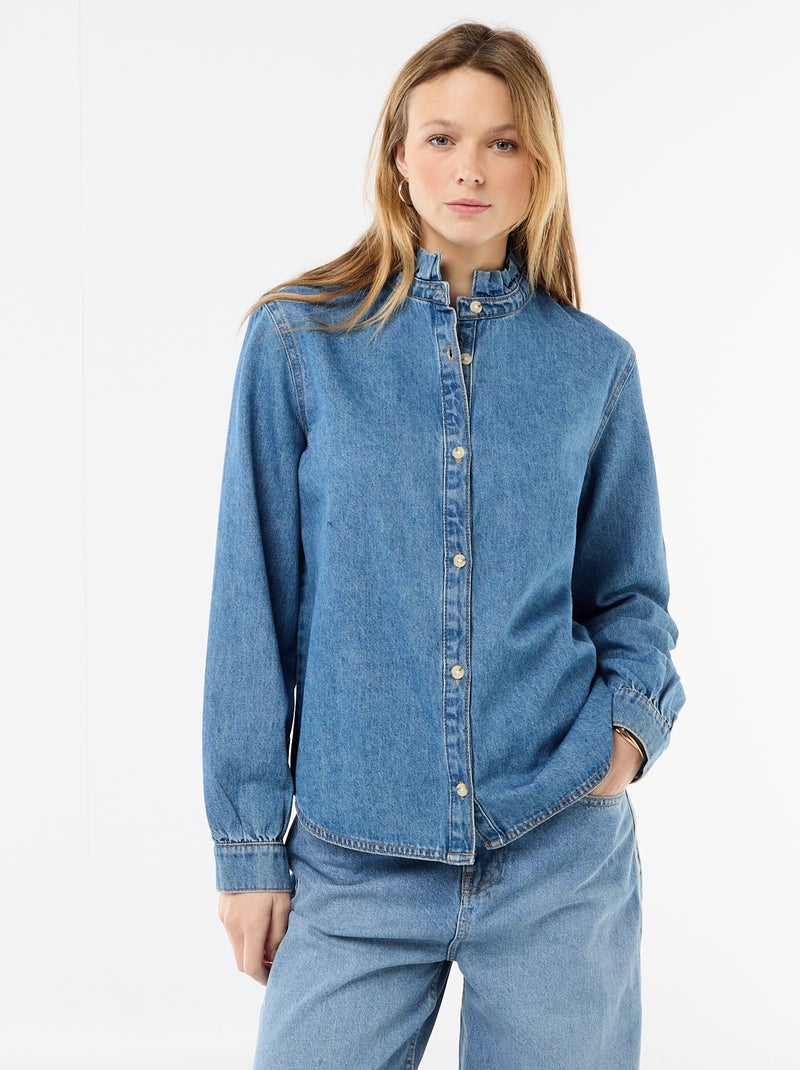 Denim blouse met volantkraag Blauw - Kiabi