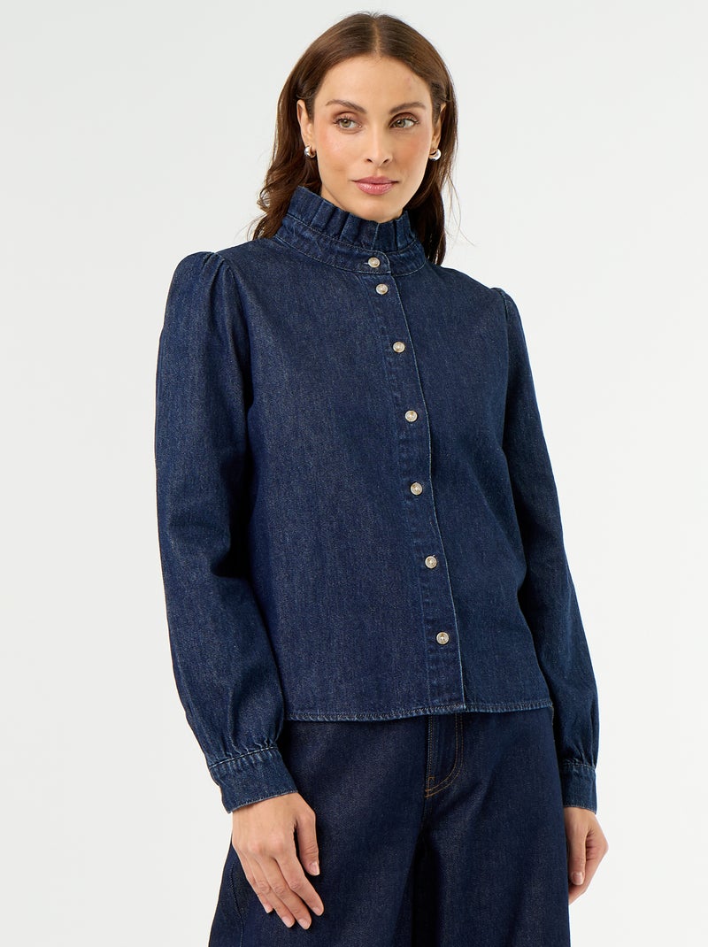 Denim blouse met volantkraag Blauw - Kiabi