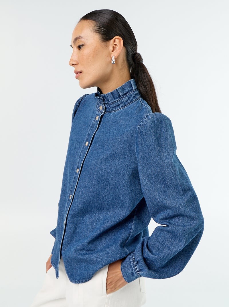 Denim blouse met volantkraag Blauw - Kiabi