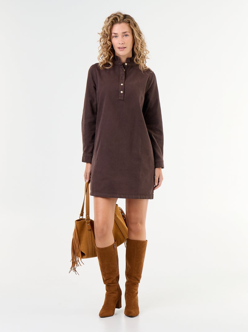 Denim jurk met frillkraag Bruin - Kiabi