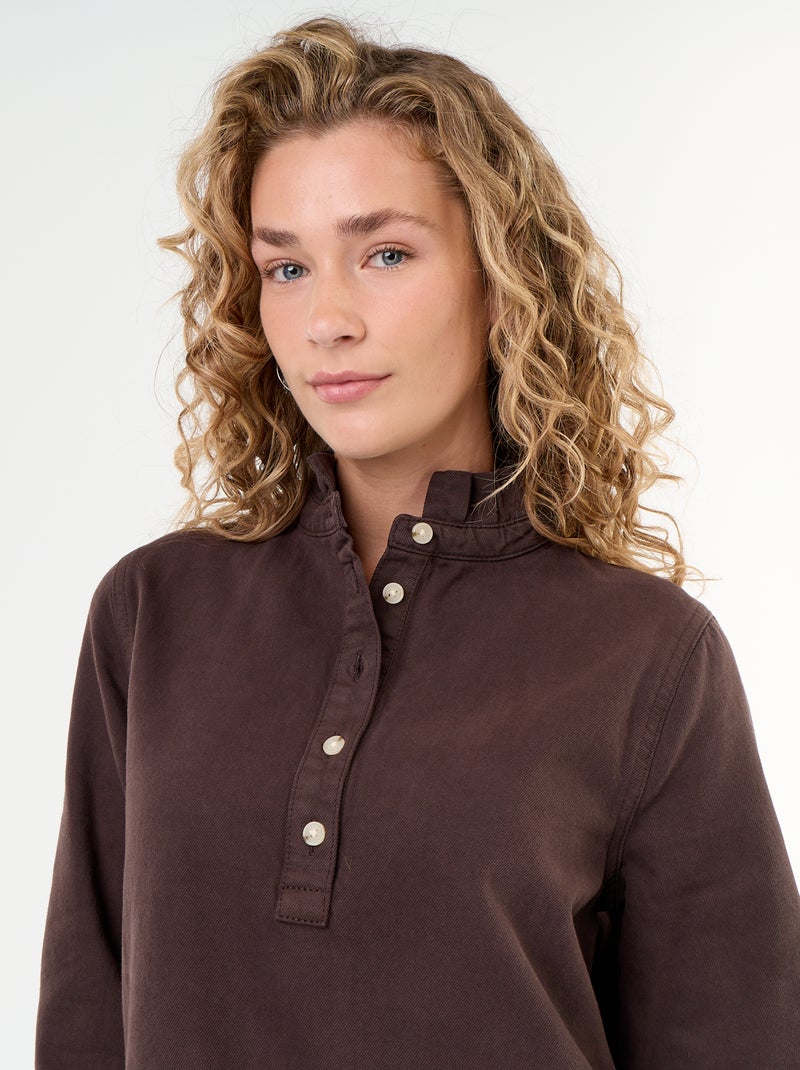Denim jurk met frillkraag Bruin - Kiabi