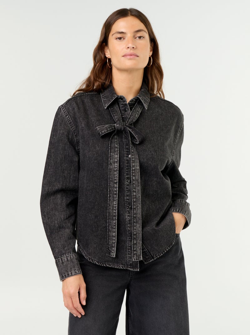 Denim overhemd met lavallièrekraag Zwart - Kiabi