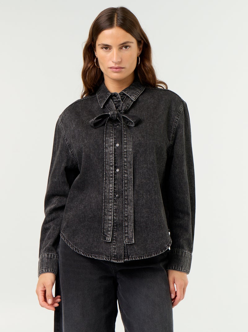 Denim overhemd met lavallièrekraag Zwart - Kiabi