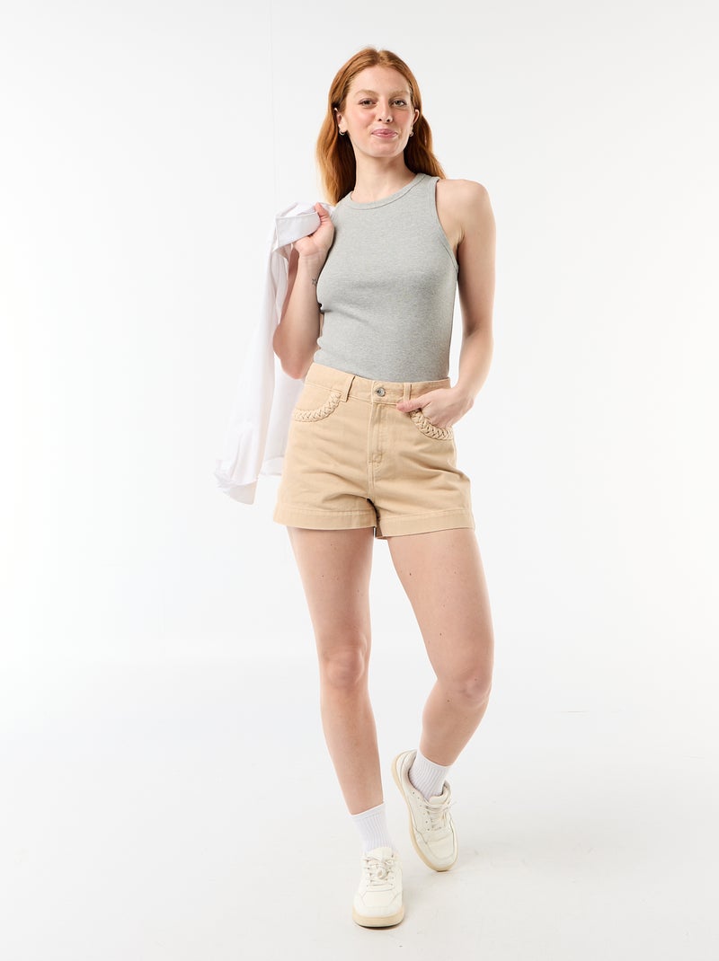 Denim short met gevlochten zakken Biege - Kiabi
