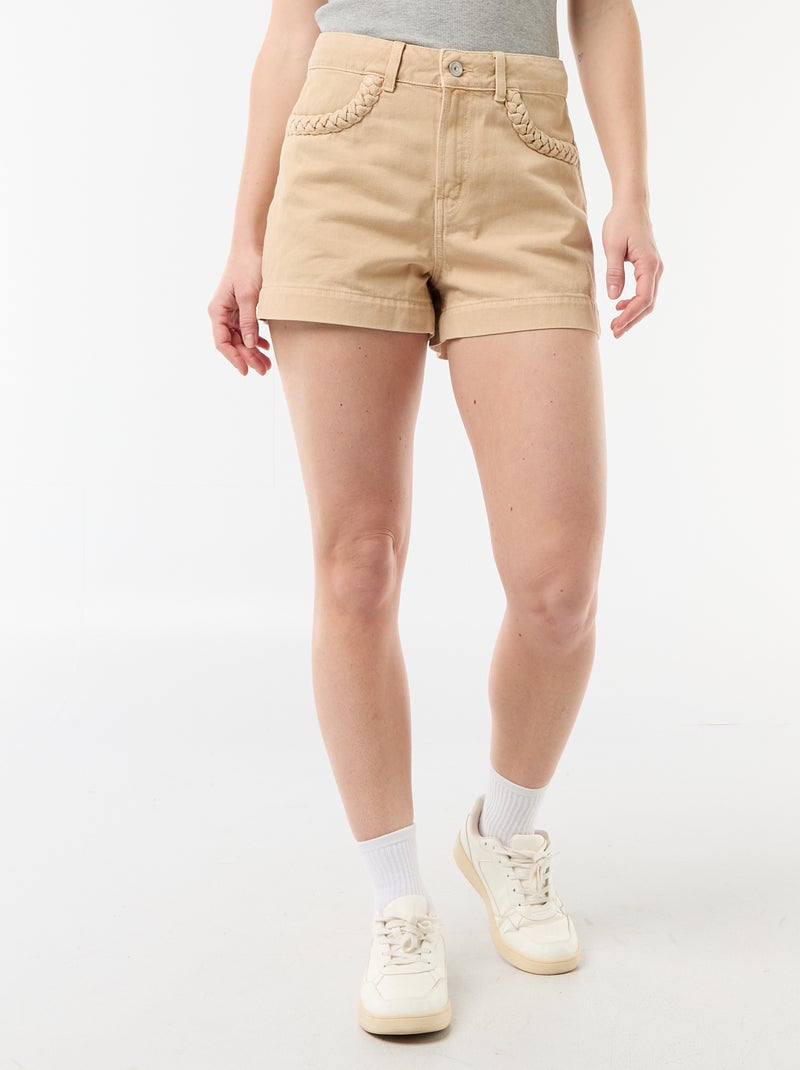 Denim short met gevlochten zakken Biege - Kiabi