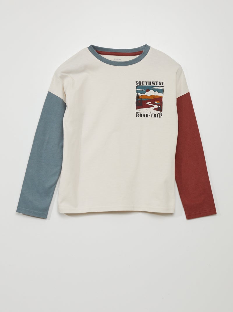 Driekleurig T-shirt met lange mouw BIEGE - Kiabi