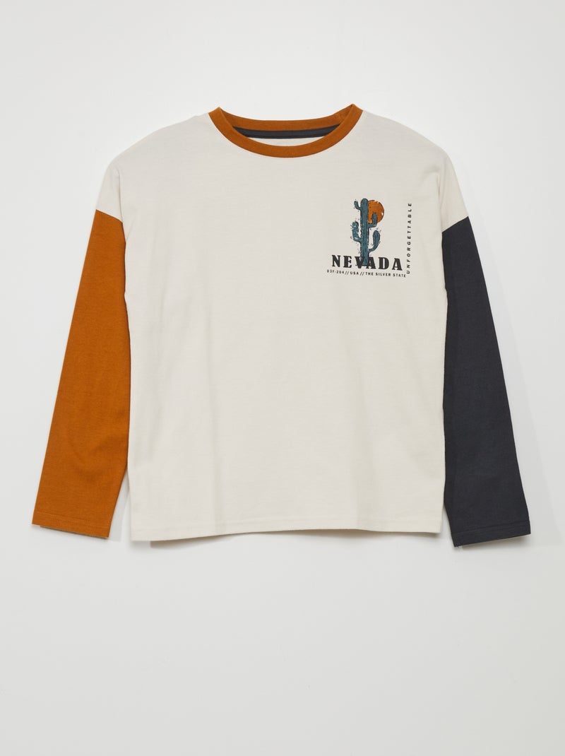 Driekleurig T-shirt met lange mouw BIEGE - Kiabi