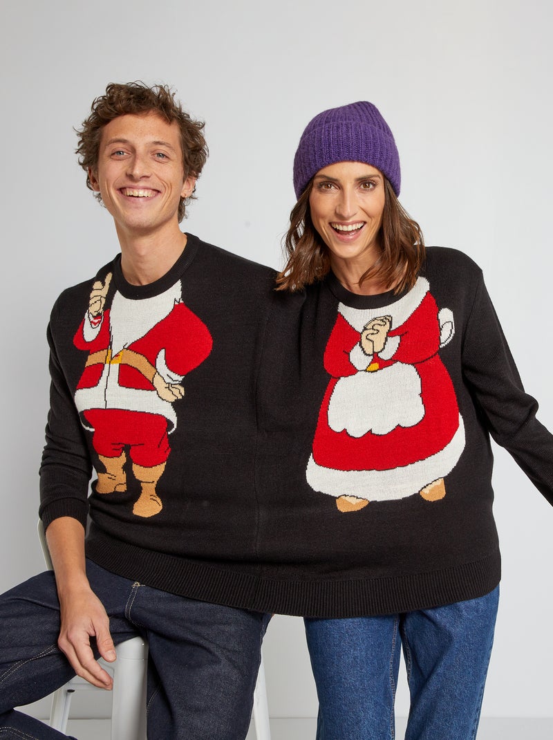Dubbele trui met kerstman en -vrouw ZWART - Kiabi