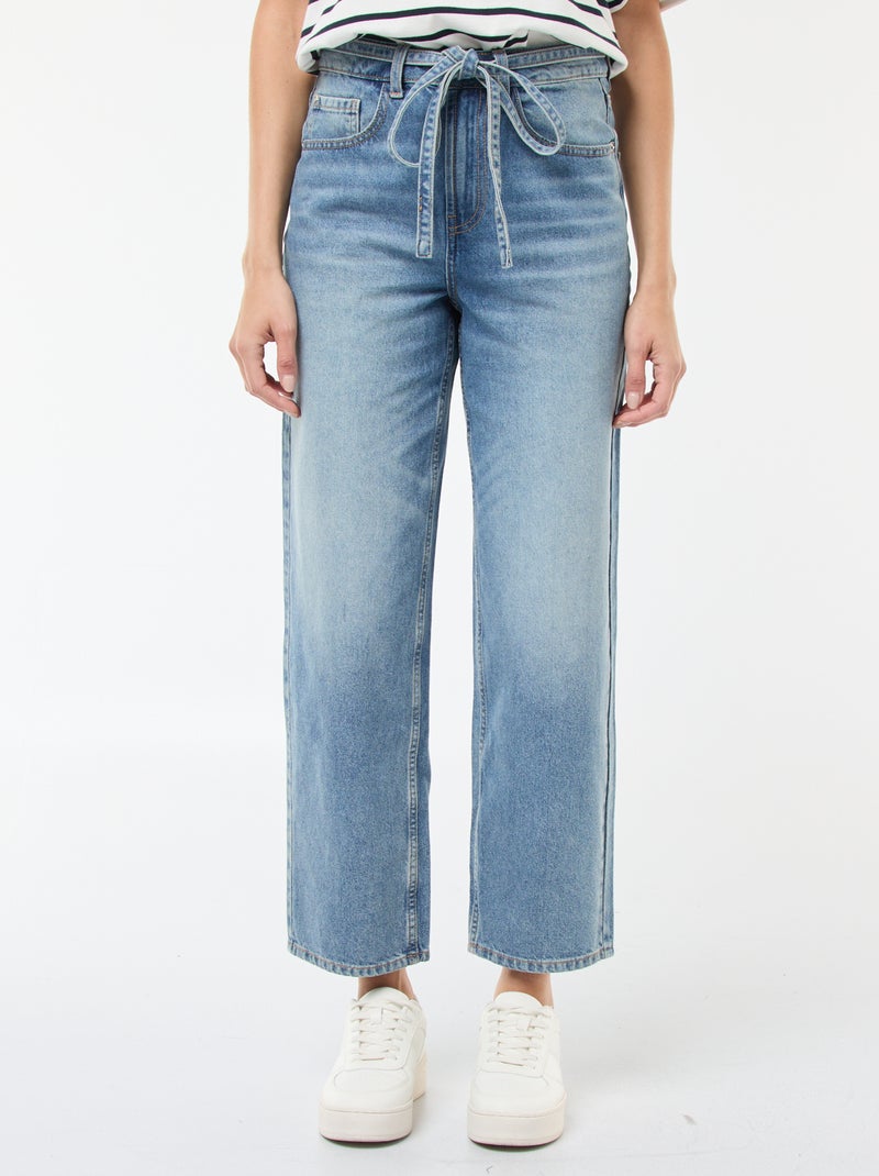 Effen, barrel-fit spijkerbroek met strikdetail Blauw - Kiabi