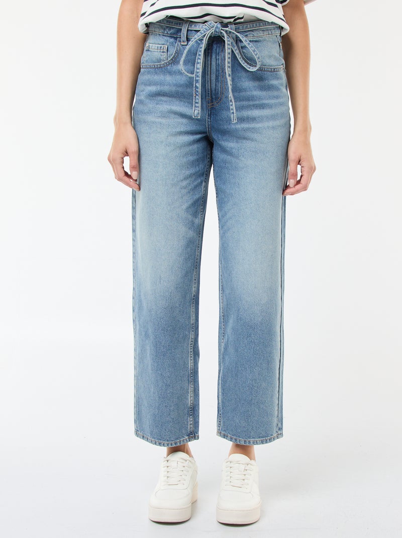 Effen, barrel-fit spijkerbroek met strikdetail Blauw - Kiabi