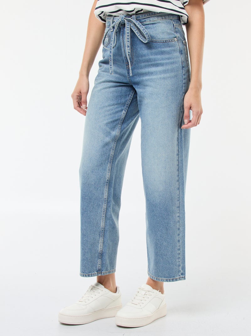 Effen, barrel-fit spijkerbroek met strikdetail Blauw - Kiabi