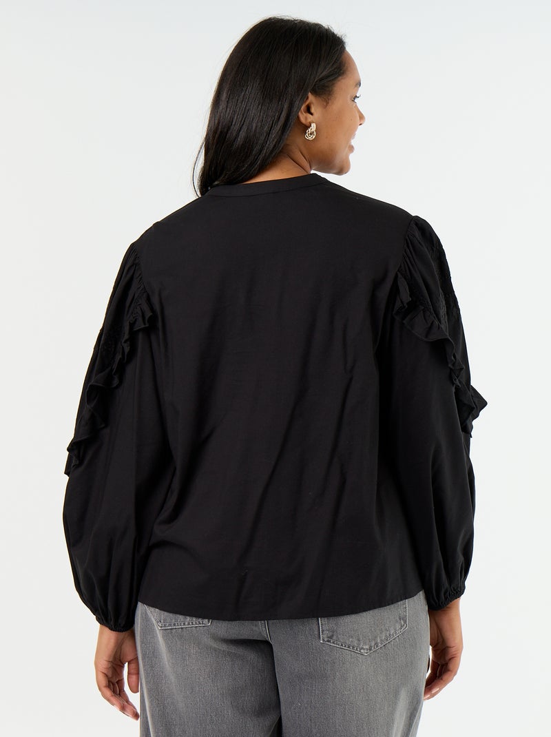 Effen blouse met ruches Zwart - Kiabi