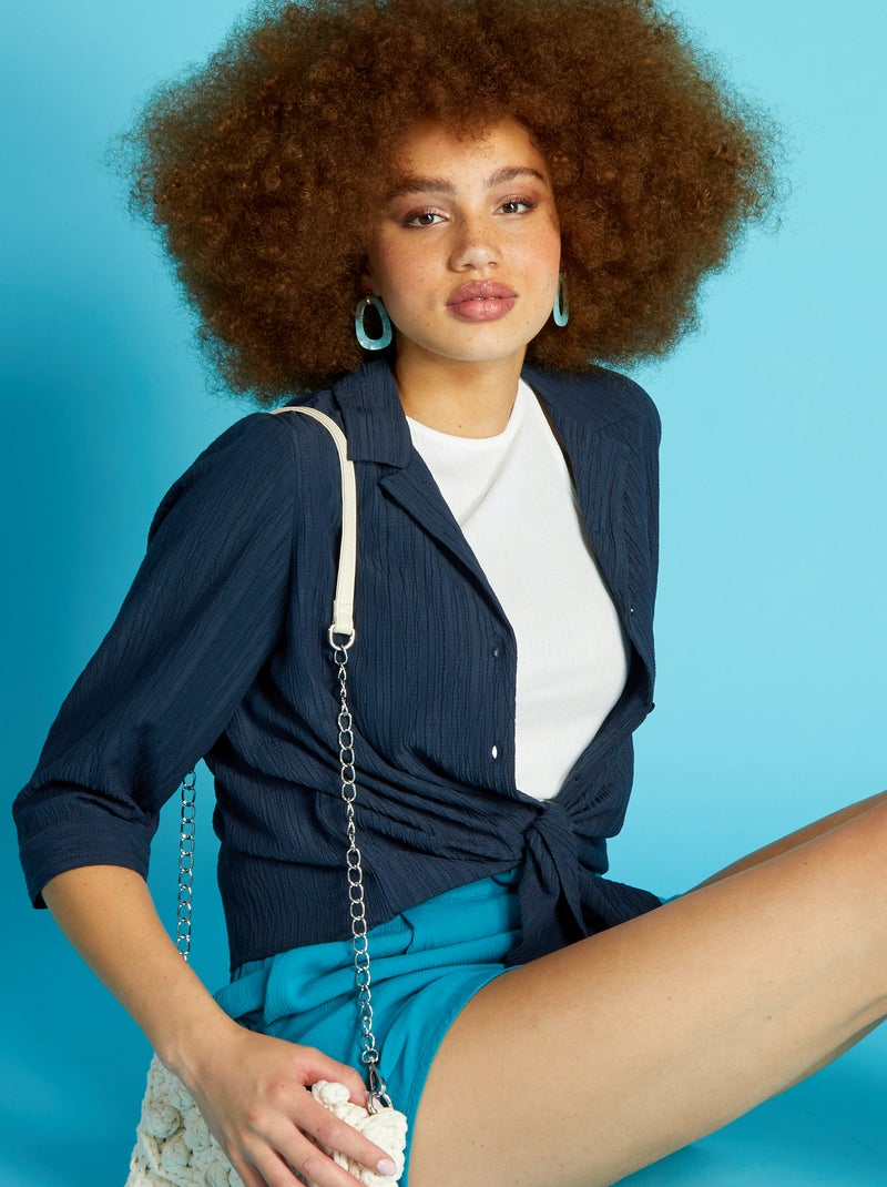 Effen blouse met strik donkerblauw - Kiabi