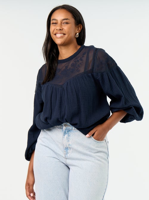 Effen blouse van katoenen gaas en kant - Kiabi