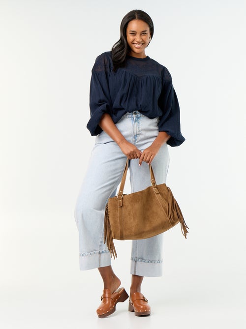 Effen blouse van katoenen gaas en kant - Kiabi