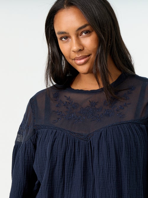 Effen blouse van katoenen gaas en kant - Kiabi