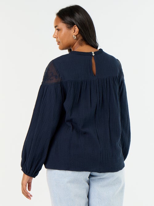 Effen blouse van katoenen gaas en kant - Kiabi