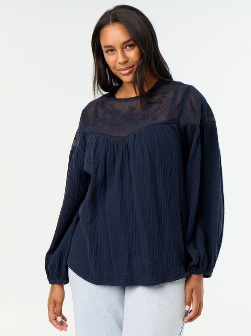 Effen blouse van katoenen gaas en kant - Kiabi