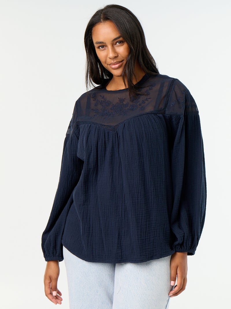 Effen blouse van katoenen gaas en kant Blauw - Kiabi