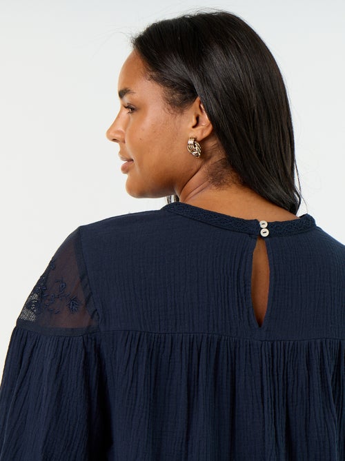 Effen blouse van katoenen gaas en kant - Kiabi