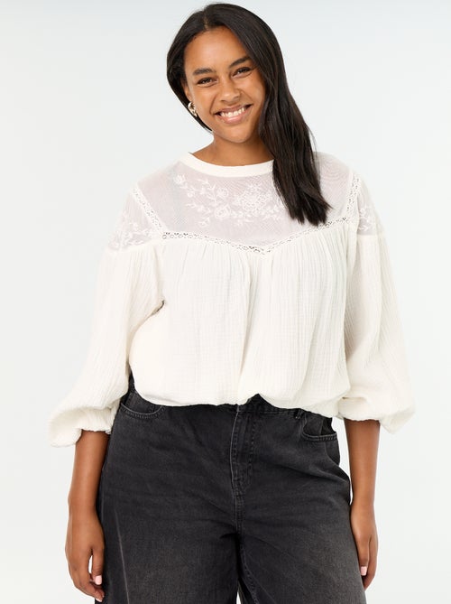 Effen blouse van katoenen gaas en kant - Kiabi