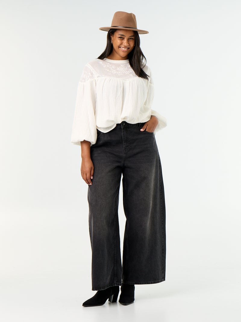 Effen blouse van katoenen gaas en kant Wit - Kiabi
