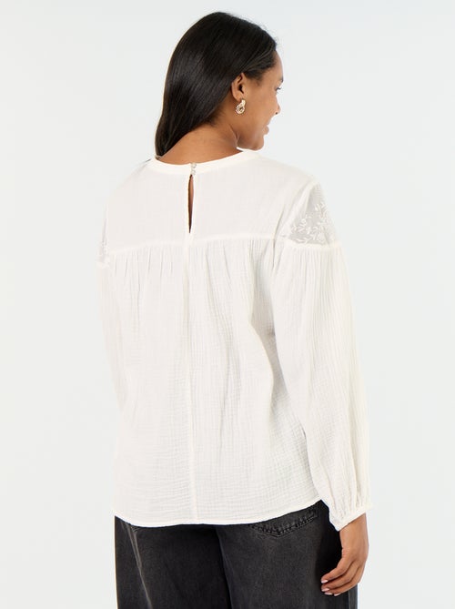 Effen blouse van katoenen gaas en kant - Kiabi