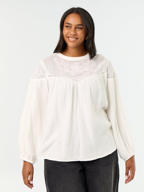 Effen blouse van katoenen gaas en kant - Kiabi