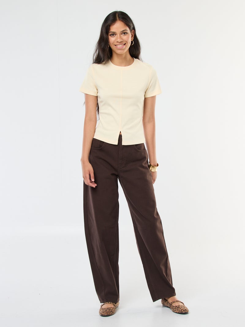 Effen broek van twill met hoge taille bruin - Kiabi