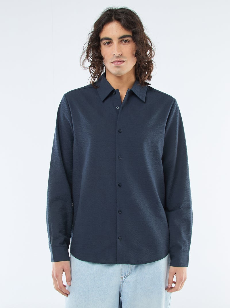 Effen hemd van gewafelde stof Blauw - Kiabi